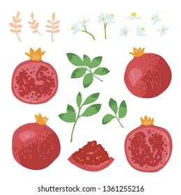 Vector summer set with sweet pomegranates, leaves and flowers isolated on white background