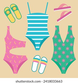 vector summer set with swimsuits sandals illustration icon