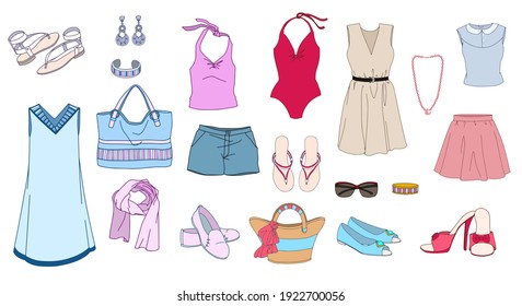 Vector summer set woman's clothing and accessories. Elements for design, packaging, dishes, paper, cards, books