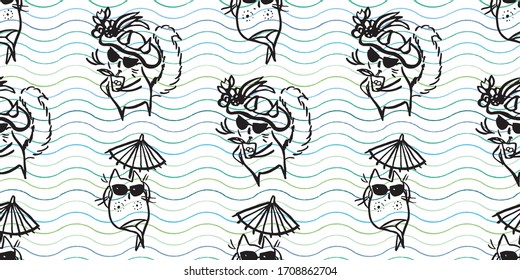 Vector verano sexy gato de playa sin costura. Luciosa y divertida ilustración del bienestar de los gatos de playa en estilo boceto. Animales de dibujos animados de fondo. Pieza de perro. Diseño de patrones de superficie.