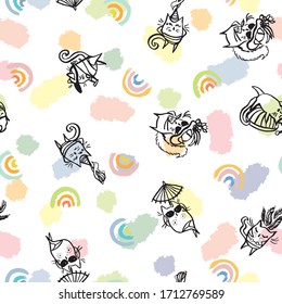  Vector summer sexy funny beach cat seamless pattern. Luscious funny beach cat wellbeing illustration in sketch style. Cartoon animals background. Doodle kitty. Surface pattern design.