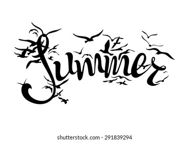 Vector summer silhouette. Flying seagulls from word "SUMMER" isolated on white background.