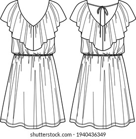 Vector summer sleeveless dress fashion CAD, woman v neck with waist band dress technical drawing, template, flat, sketch