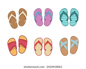 Vector summer slippers set, flat design. Vietnamese flip flops on white background. Vietnamese slates shoes for beach. Flip flops summer shoes illustration, view from above. 