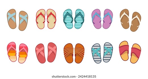 Vector summer slippers set, flat design. Vietnamese flip flops on white background. Vietnamese slates shoes for beach. Flip flops summer shoes illustration, view from above. 