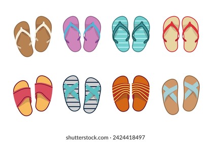 Vector summer slippers set, flat design. Vietnamese flip flops on white background. Vietnamese slates shoes for beach. Flip flops summer shoes illustration, view from above. 