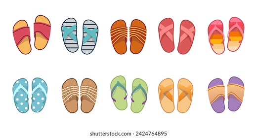 Vector summer slippers set, flat design. Vietnamese flip flops on white background. Vietnamese slates shoes for beach. Flip flops summer shoes illustration, view from above. 