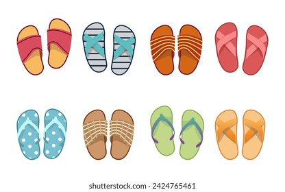 Vector summer slippers set, flat design. Vietnamese flip flops on white background. Vietnamese slates shoes for beach. Flip flops summer shoes illustration, view from above. 