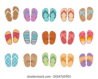 Vector summer slippers set, flat design. Vietnamese flip flops on white background. Vietnamese slates shoes for beach. Flip flops summer shoes illustration, view from above. 