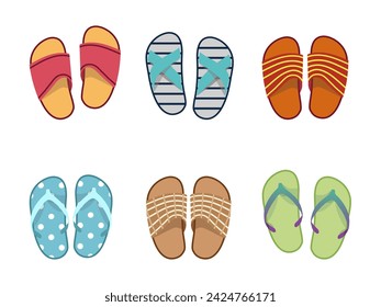 Vector summer slippers set, flat design. Vietnamese flip flops on white background. Vietnamese slates shoes for beach. Flip flops summer shoes illustration, view from above. 