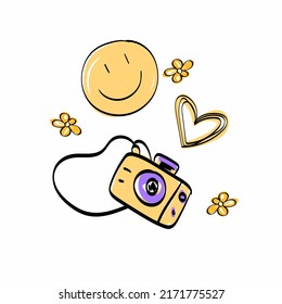 Vector summer smile camera. Yellow purple summer illustration