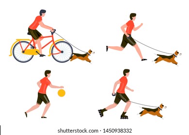 Vector summer sport activities set - bycicle riding, running, basketball playing, rolling man with dog. Isolated on white background.