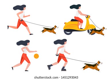 Vector summer sport activities set - motorbike riding, running, basketball playing, rolling girl with dog. Isolated on white background.
