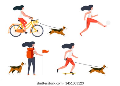 Vector summer sport activities set - bicycle riding, hiking, football playing, rolling girl with dog. Isolated on white background.