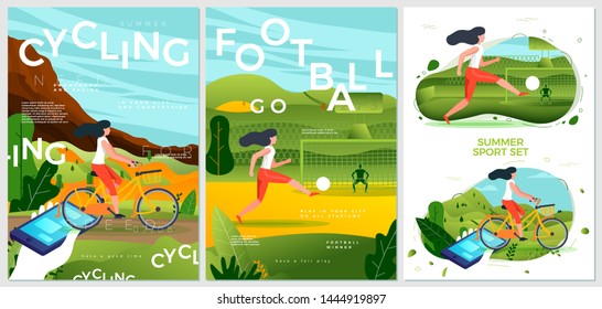 Vector summer sport posters set - bike sharing and outdoors football playing girls. Forests, trees and hills on background. Print template with place for your text.