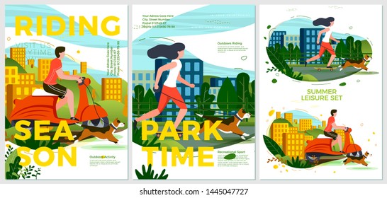 Vector summer sport posters set - motorbike and rolling in park. City, forests, trees and hills on background. Print template with place for your text.