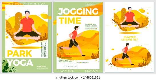 Vector summer sport posters set - yoga and running. Forests, trees and hills on background. Print template with place for your text.