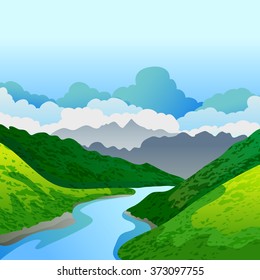 Vector summer or spring landscape. Panorama of green mountains, and river. Nature background. Design for travel, environmental and ecology themes.