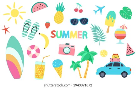 Vector summer sticker icon set. illustrations isolated on a white background. Flat style travel and vacation elements collection
