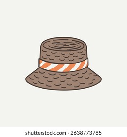 Vector summer straw hat illustration with orange stripes in retro style. Summer vibe illustration use for print, icon, sticker, element design, invitation, card, package design.