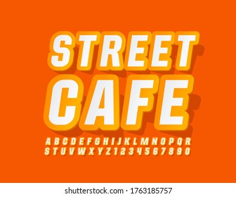 Señal de estilo vectorial de verano Street Cafe con Fuente Moderna. Etiqueta adhesiva amarilla y blanca Alfabeto Letras y números