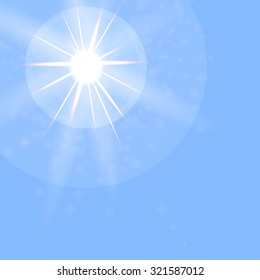 Vector Summer Sun on Blue Sky Background. Sun Flare.