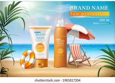 Vector summer sunscreen protection banner with sunscreen bottles and the sunbed under umbrella with sunbeams and tropical leaves. 