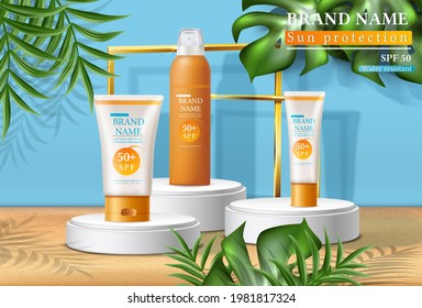Vector summer sunscreen protection banner with sunscreen bottles on the stands with tropical leaves. 