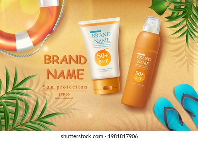 Pancarta de protección de protección contra el sol en verano vectorial con botellas de protección solar en la arena con vigas de sol y hojas y zapatillas tropicales, anillo inflable. 