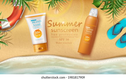 Vector summer sunscreen protection banner with sunscreen bottles on the sand  with sunbeams and tropical leaves and slippers. 