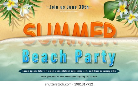 Vector summer sunscreen protection banner with  sand  with sunbeams and tropical leaves and waves of the ocean. 