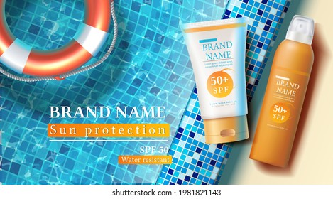 Vector summer sunscreen protection banner with sunscreen bottles on the side of the pool with inflatable ring. 