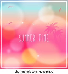  Vector Summer Sunset Beach Scene with palm trees and birds Background