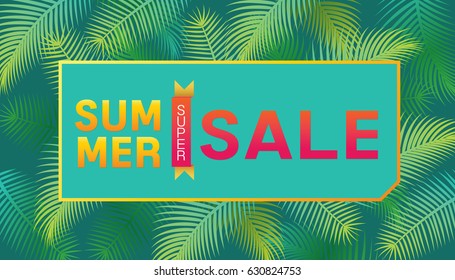 Vector of summer super sale poster design template with palm trees background.