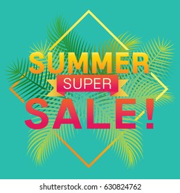 Vector of summer super sale poster design template with palm trees background.