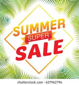 Vector of summer super sale poster design template with palm trees background.