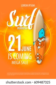 Vector Summer Surf Beach Party Flyer Design with typographic elements on orange background. Eps10 illustration.