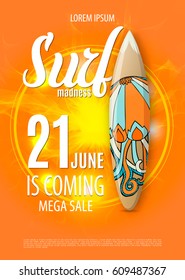 Vector Summer Surf Beach Party Flyer Design with typographic elements on orange background. Eps10 illustration.