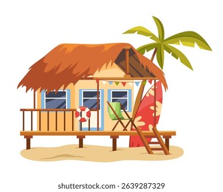 Vector summer surfer house or seashore bungalow. Wooden island hut for surfer vacation. Cartoon symbol for ocean or sea lifestyle. Outdoor beach architecture. Surfing cabana. Coastal shack element.