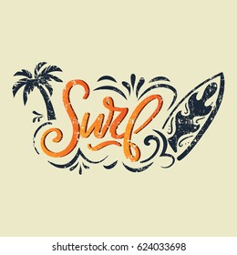 Vector Summer surfing retro badge. Surf calligraphy for t-shirt print, card, poster, banner. Vintage hand lettering emblem with surfing board, flourishes and palm. vector illustration.