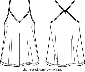 Vector summer tank top fashion CAD, sleeveless woman top with drawstring detail technical drawing, sketch, template, flat. Jersey or woven fabric blouse with front, back view, white color