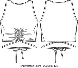 Vector summer tank top fashion CAD, sleeveless woman crop top with drawstring detail technical drawing, sketch, template, flat. Jersey or woven fabric blouse with front, back view, white color
