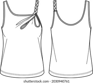 Vector verano tanque de alta moda CAD, mujer sin mangas delgada encaja arriba con el dibujo técnico del detalle de la cadena de dibujo, esbozo, plantilla, plano. Blusa de tela en Jersey o trenzada con vista frontal, trasera, color blanco