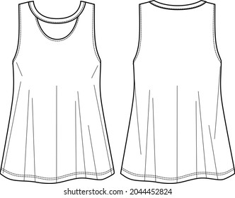 Vector summer tank top fashion CAD, sleeveless woman loose fit top with cutout detail technical drawing, sketch, template, flat. Jersey or woven fabric blouse with front, back view, white color