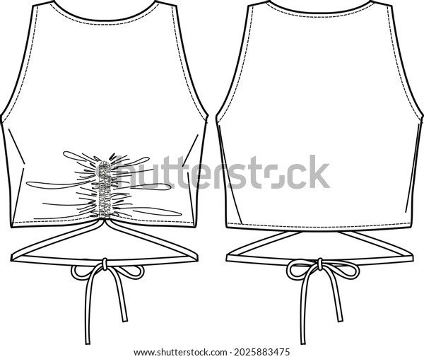 Vector summer tank top fashion CAD, sleeveless
woman crop top with drawstring detail technical drawing, sketch,
template, flat. Jersey or woven fabric blouse with front, back
view, white color
