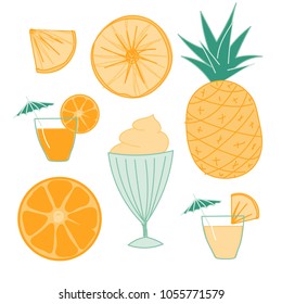 Vector Summer tasty set. juice, orange, pineapple, ice cream.