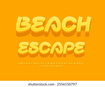 Vector summer template Beach Escape. Playful Yellow Font. Handwritten 3D Alphabet Letters and Numbers set.