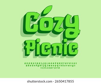 Vector Summer template Cozy Picnic. Creative Green Font. Comic 3D Alphabet Letters and Numbers