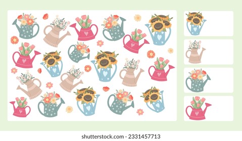 Plantilla de verano vectorial para juegos preescolares. Espio. Diversión educativa de los niños. Cuenta cuántas latas de agua con ramos de flores. Cuenta con herramientas de jardinería y disposición floral.  