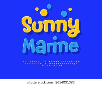 Vector Summer template Sunny Marine. Funny Sticker Font. Sunny Yellow Alphabet Letters and Numbers set.